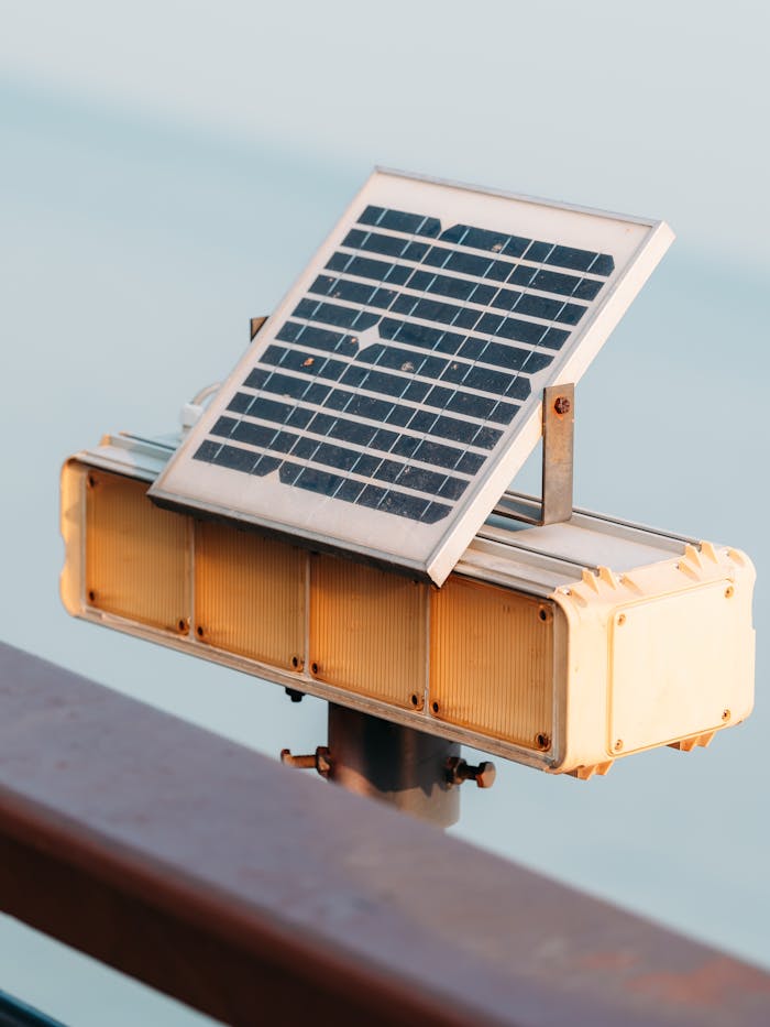 gallery-04 Close-up of a solar panel mounted on a metal support outdoors in daylight.